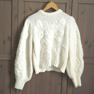 Zara Ecru Knit Pullover Balloon Sleeve Sweater